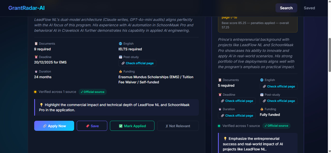 GrantRadar-AI scholarship detail view with personalized fit explanation referencing LeadFlow NL and SchoonMaak Pro